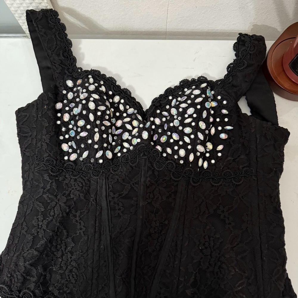 Black Lace Top with Rhinestone Embellishments